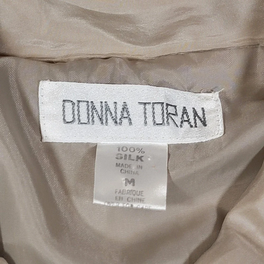Vintage 80s Donna Toran Silk Jacket Beige Women's‎ Size Medium Shoulder Pads